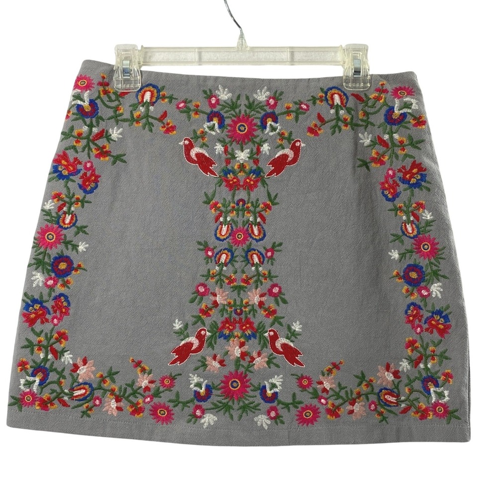 Umgee Skirt Women Large Gray Embroidered Floral Bird Mini A-Line Boho Festival
